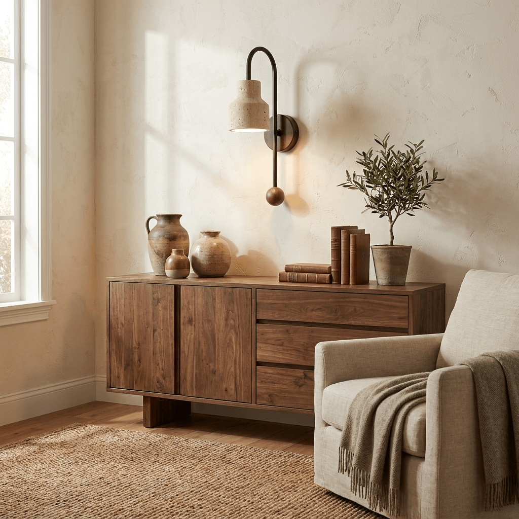 Bell Travertine-Arc-Wandleuchte aus Walnuss-Holz