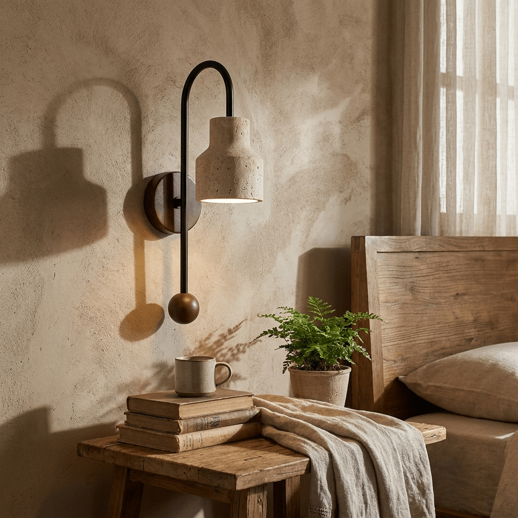 Bell Travertine-Arc-Wandleuchte aus Walnuss-Holz