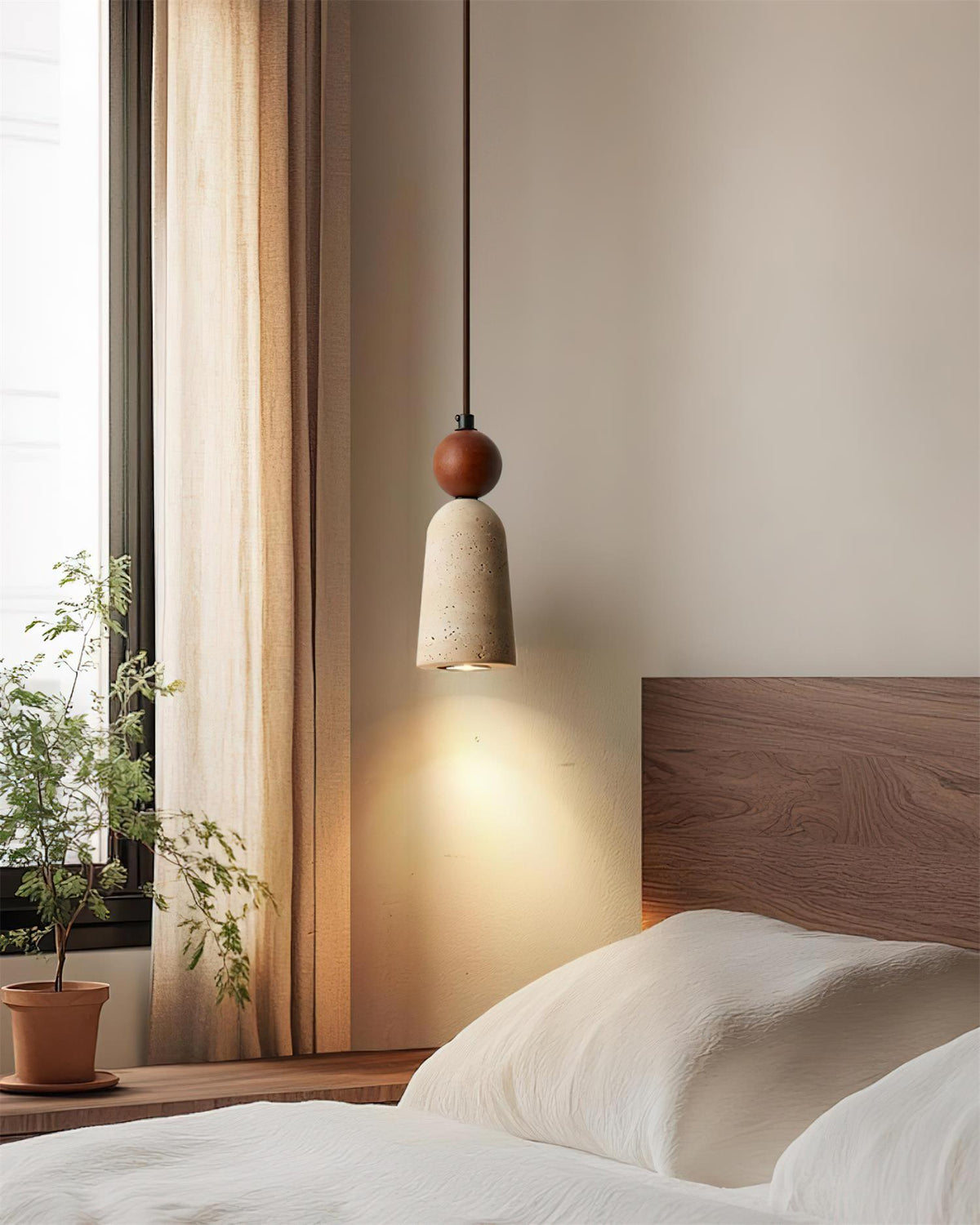 Nolira Pendelleuchte aus Holz und natürlichem Travertin