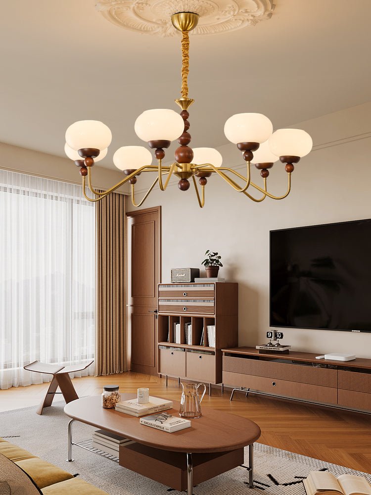 Sylaian Kronleuchter aus Glas und Messing mit Holzaufsatz in zeitgenössischem Stil 6-Light