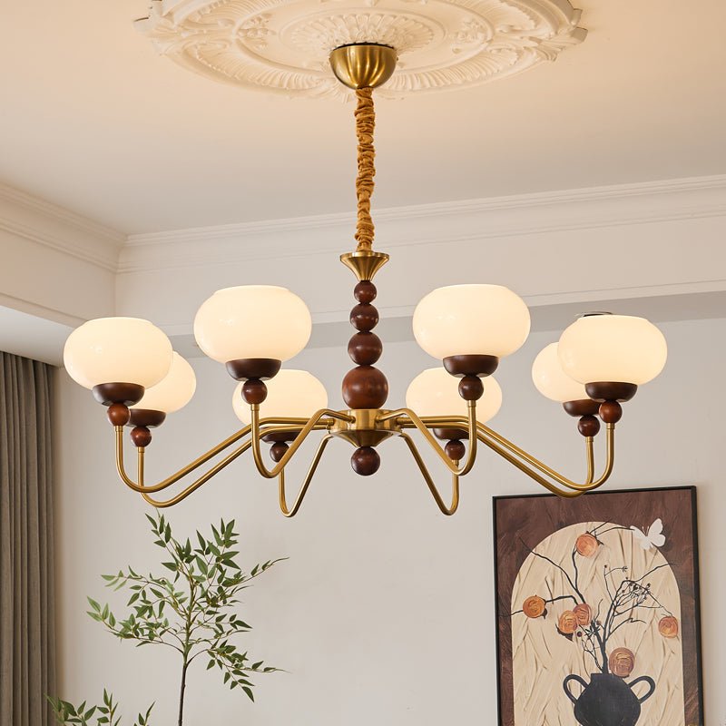 Sylaian Kronleuchter aus Glas und Messing mit Holzaufsatz in zeitgenössischem Stil 6-Light