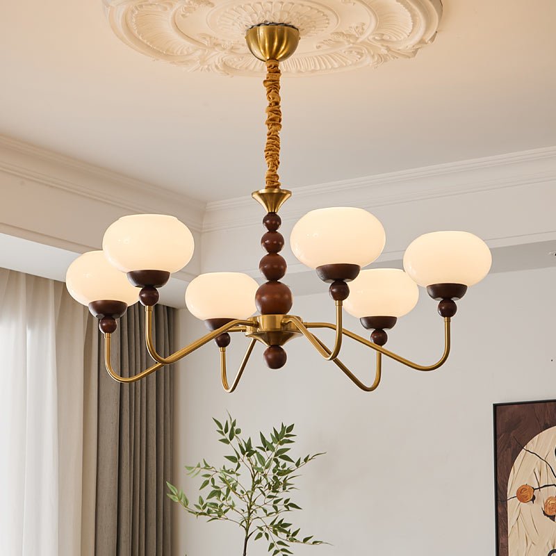 Sylaian Kronleuchter aus Glas und Messing mit Holzaufsatz in zeitgenössischem Stil 6-Light
