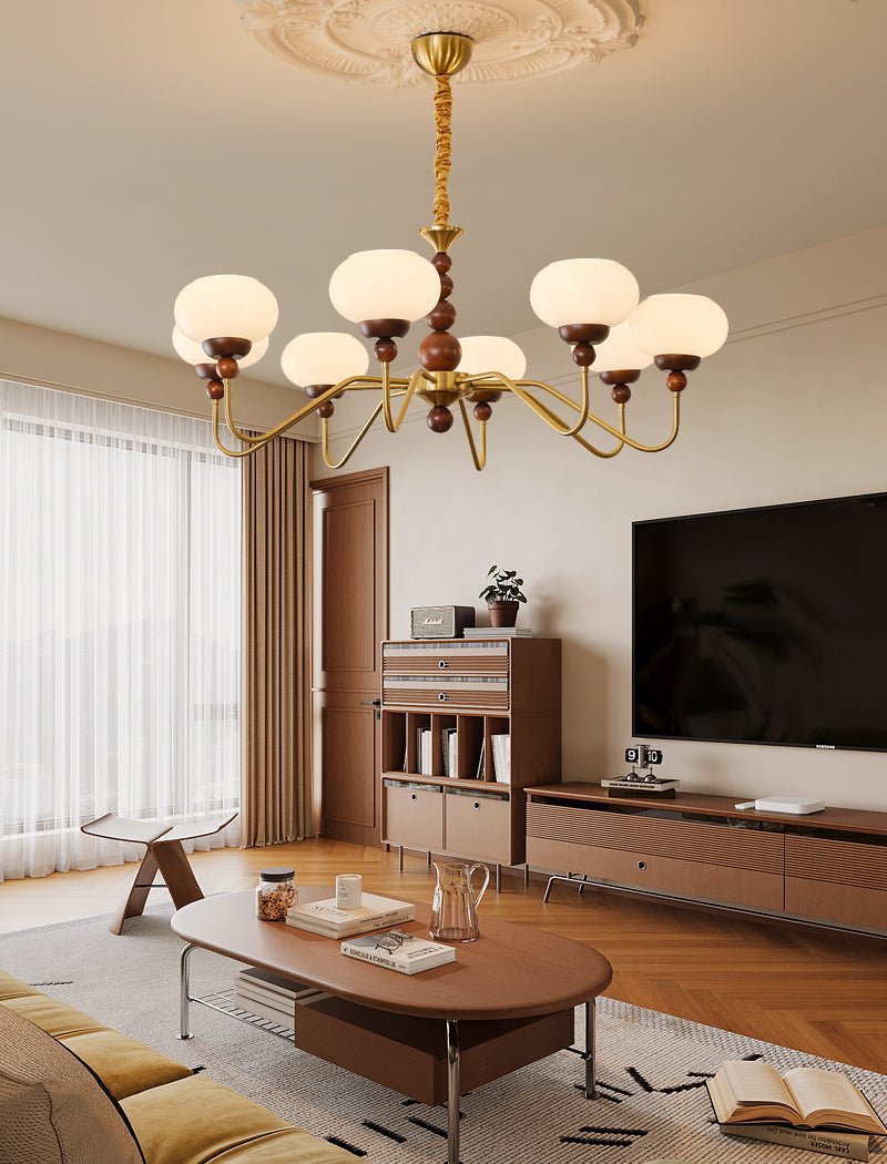Sylaian Kronleuchter aus Glas und Messing mit Holzaufsatz in zeitgenössischem Stil 6-Light