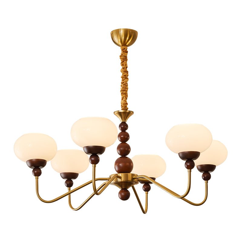 Sylaian Kronleuchter aus Glas und Messing mit Holzaufsatz in zeitgenössischem Stil 6-Light