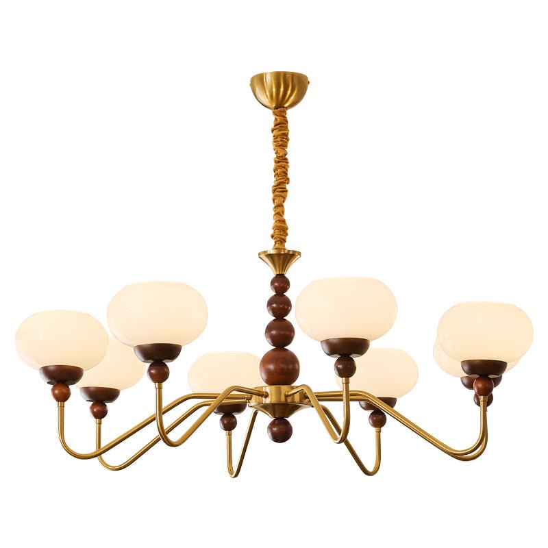 Sylaian Kronleuchter aus Glas und Messing mit Holzaufsatz in zeitgenössischem Stil 6-Light
