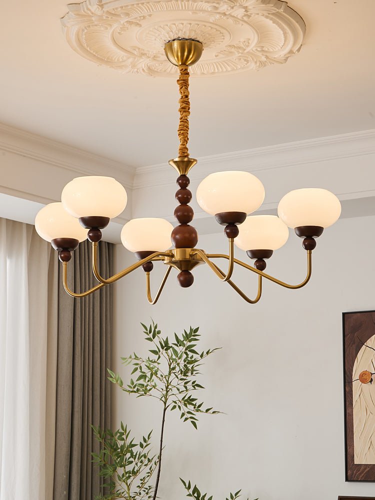 Sylaian Kronleuchter aus Glas und Messing mit Holzaufsatz in zeitgenössischem Stil 6-Light