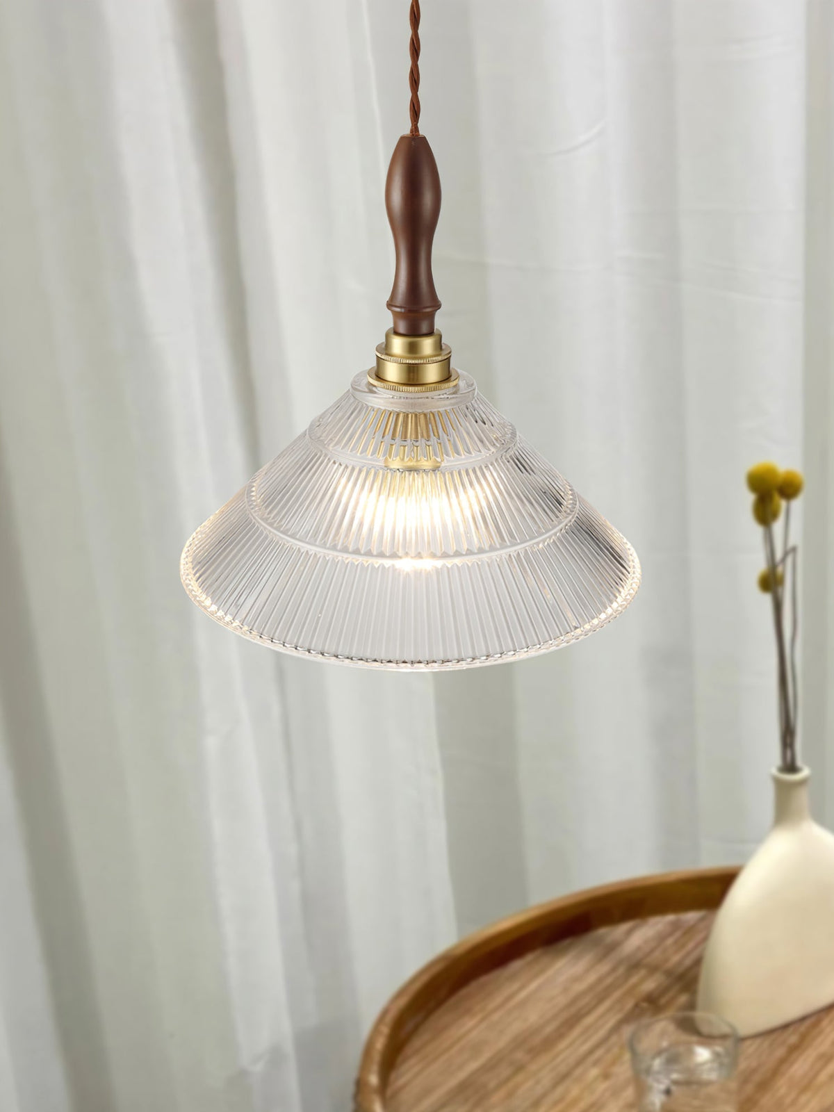 Arcara Vintage Ripple-Glas-Holz-Pendelleuchte