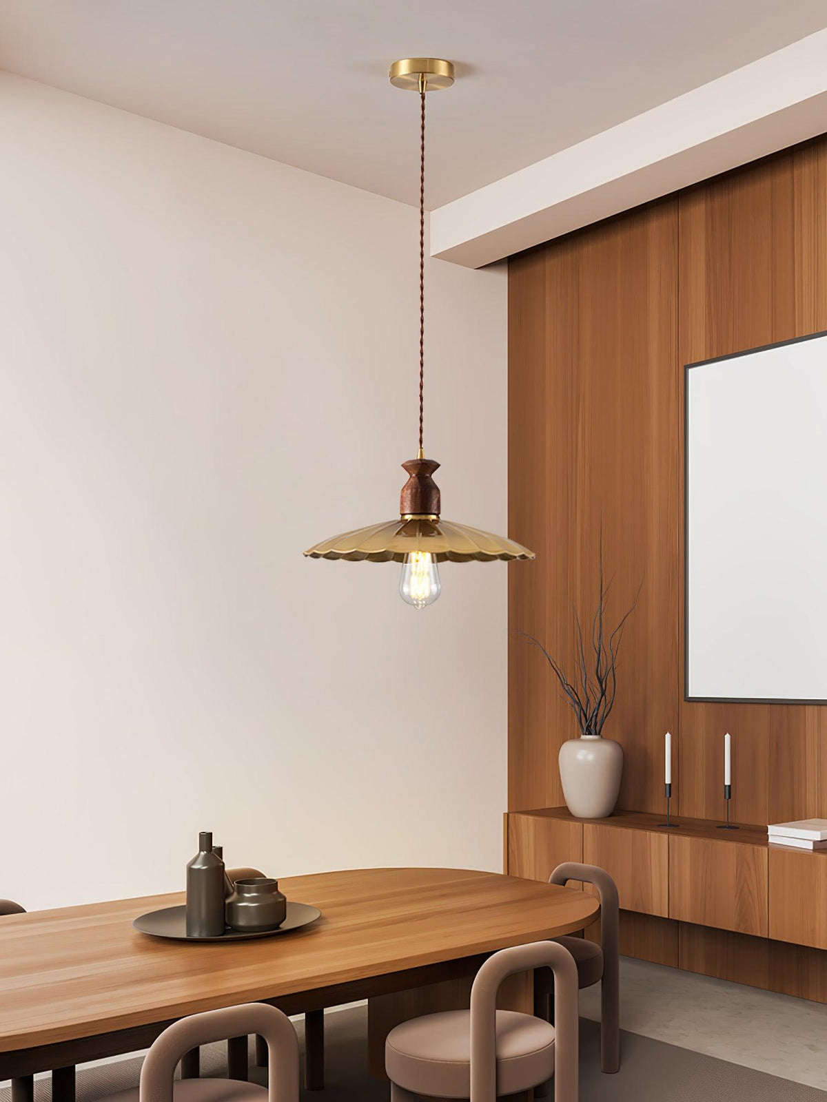Qior Messing Klassische Eleganz Crest Holz Pendelleuchte