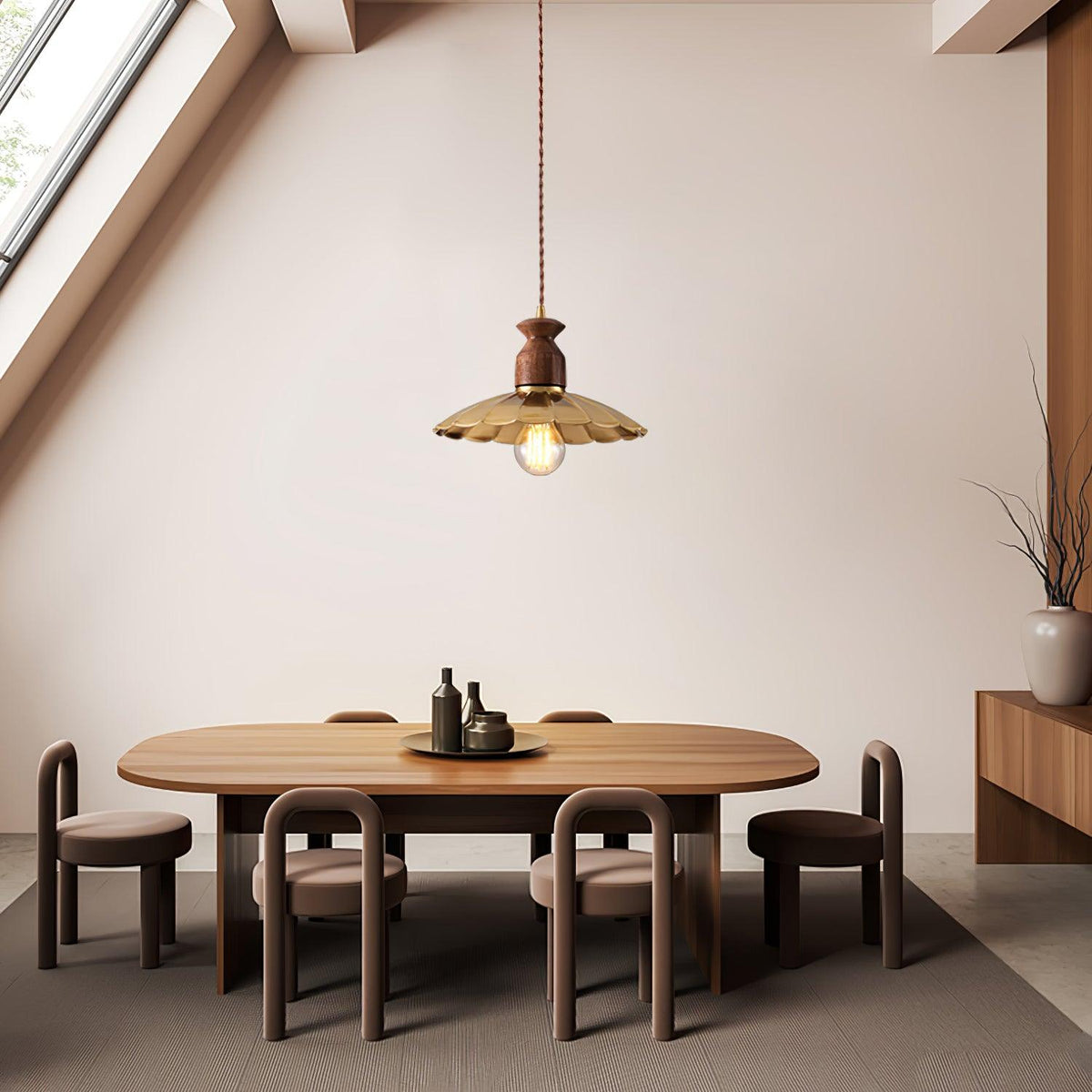 Qior Messing Klassische Eleganz Crest Holz Pendelleuchte