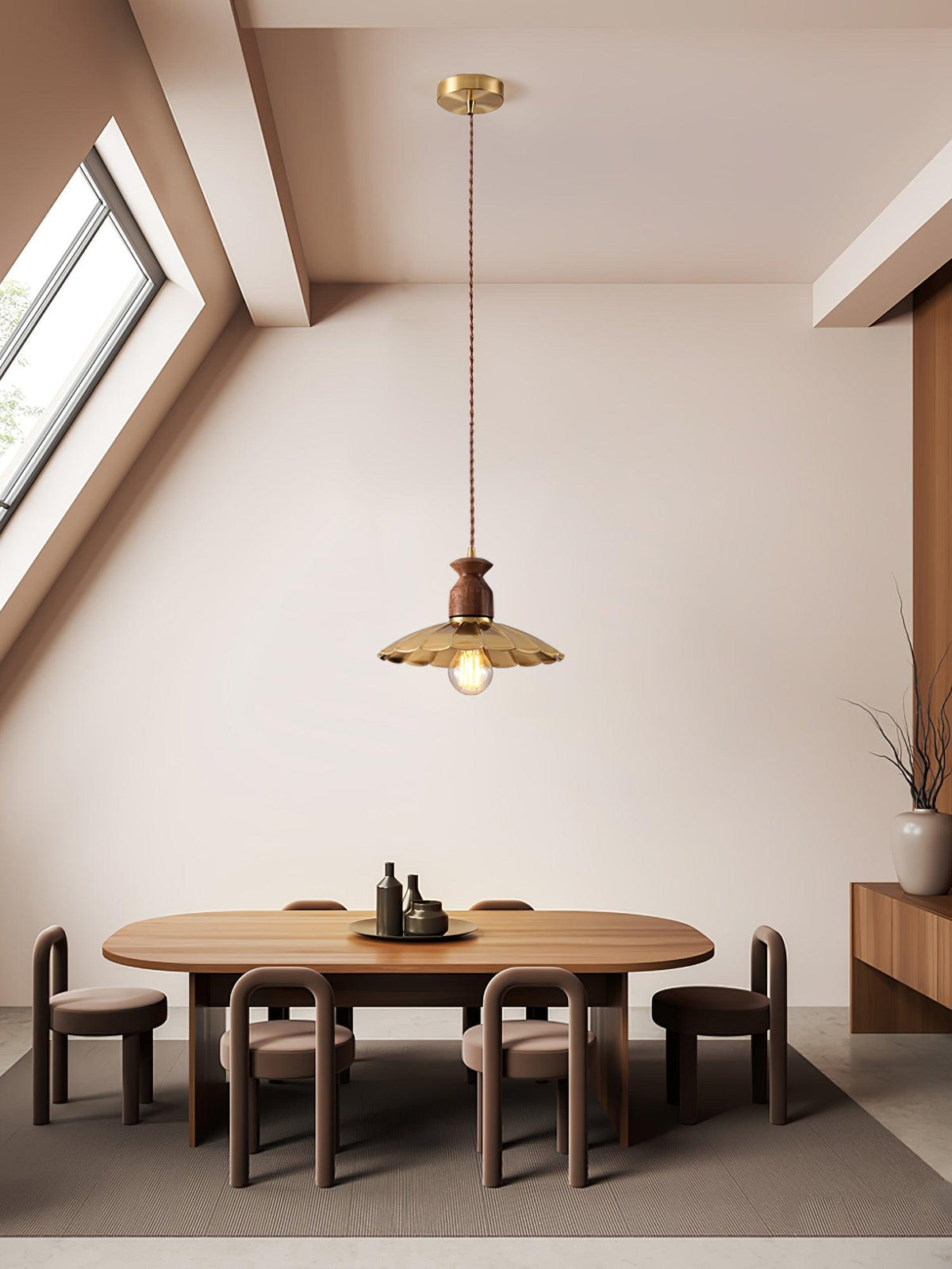 Qior Messing Klassische Eleganz Crest Holz Pendelleuchte