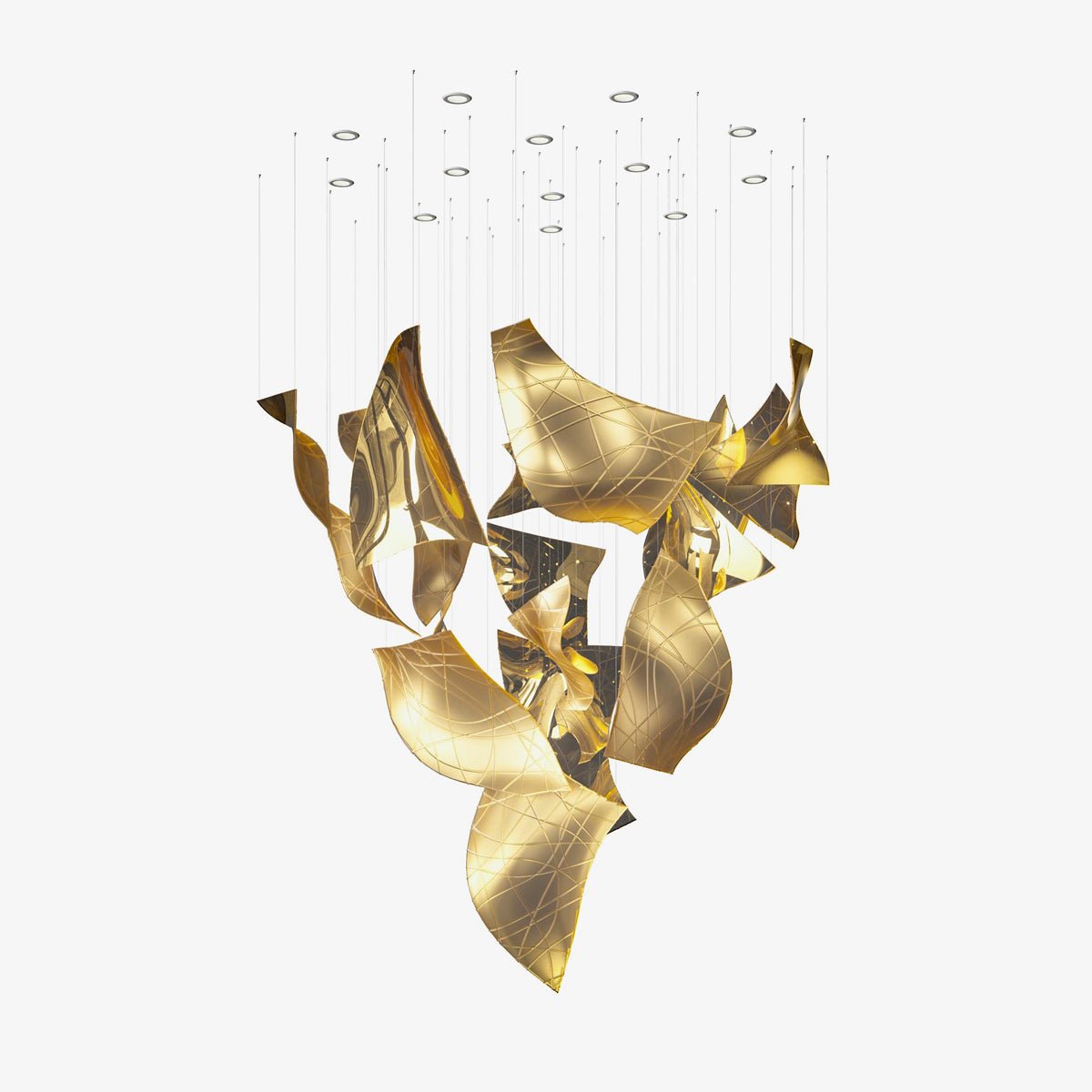 Alnoror Pendelleuchte aus Gold in skulpturaler Form