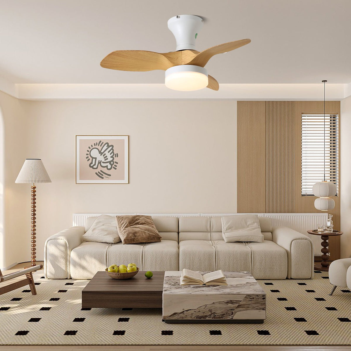 Syliseon Deckenventilator mit Beleuchtung aus weißem Holz im minimalistischen Stil