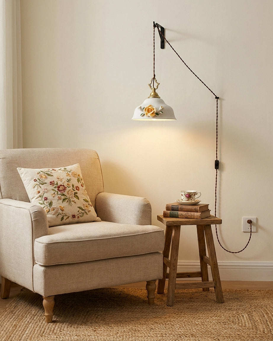 Elaielia Pendelleuchte Glasiertes Porzellan Kamelien Stecker Vintage Schlafzimmer | Cielum