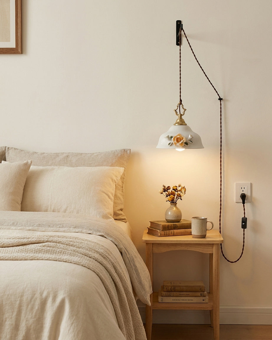 Elaielia Pendelleuchte Glasiertes Porzellan Kamelien Stecker Vintage Schlafzimmer | Cielum