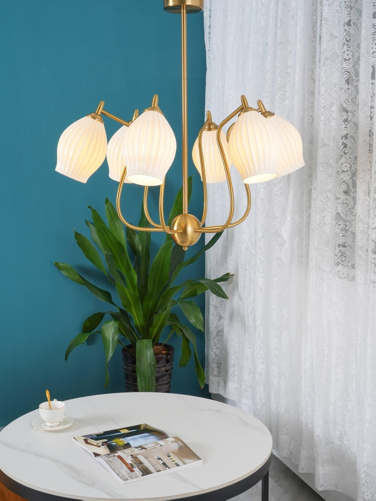Pravin Kronleuchter Keramik Rippen Skulptural Glas Elegant