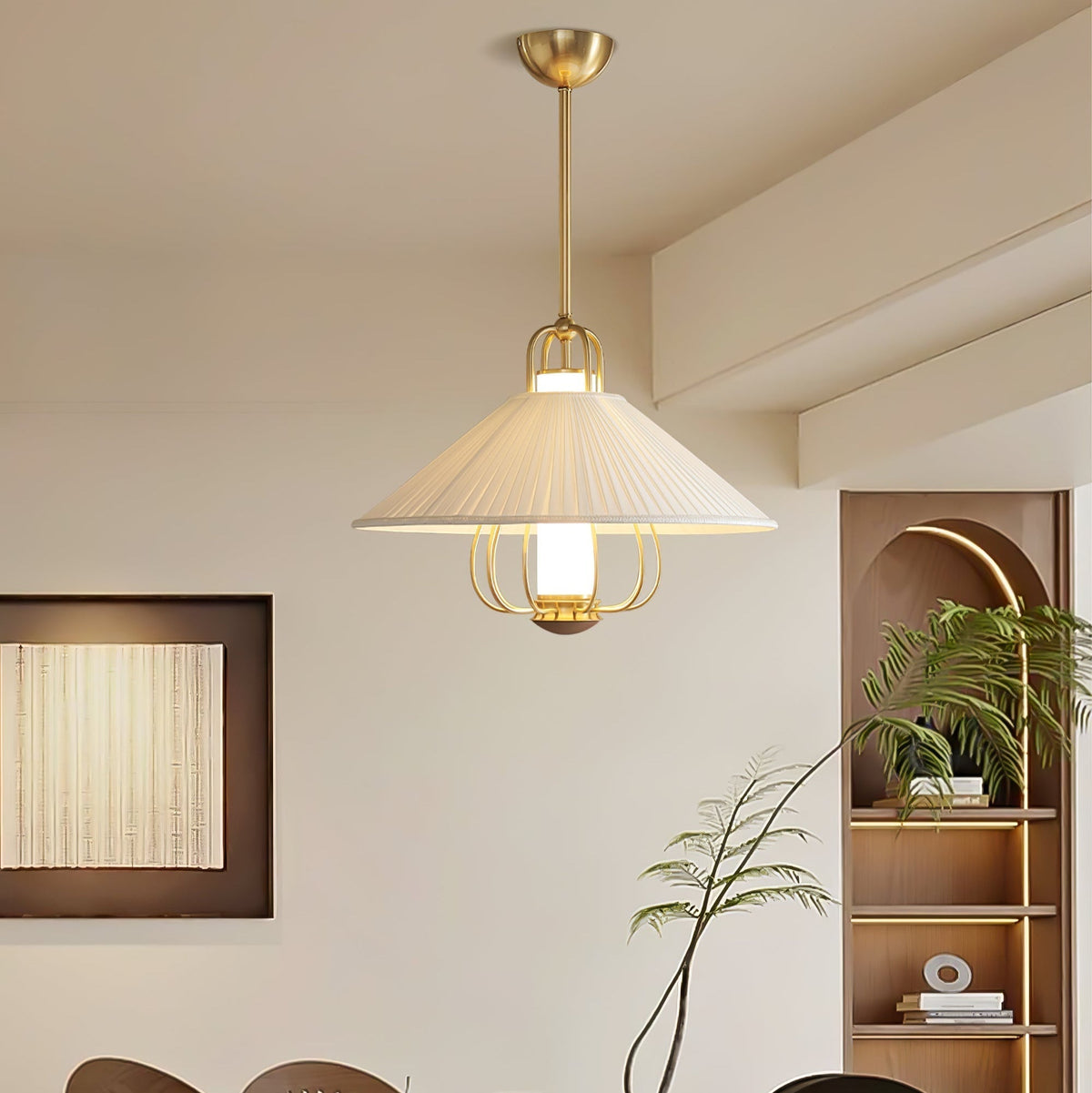 Solisiella Pendelleuchte Stoff Gold LED Essbereich