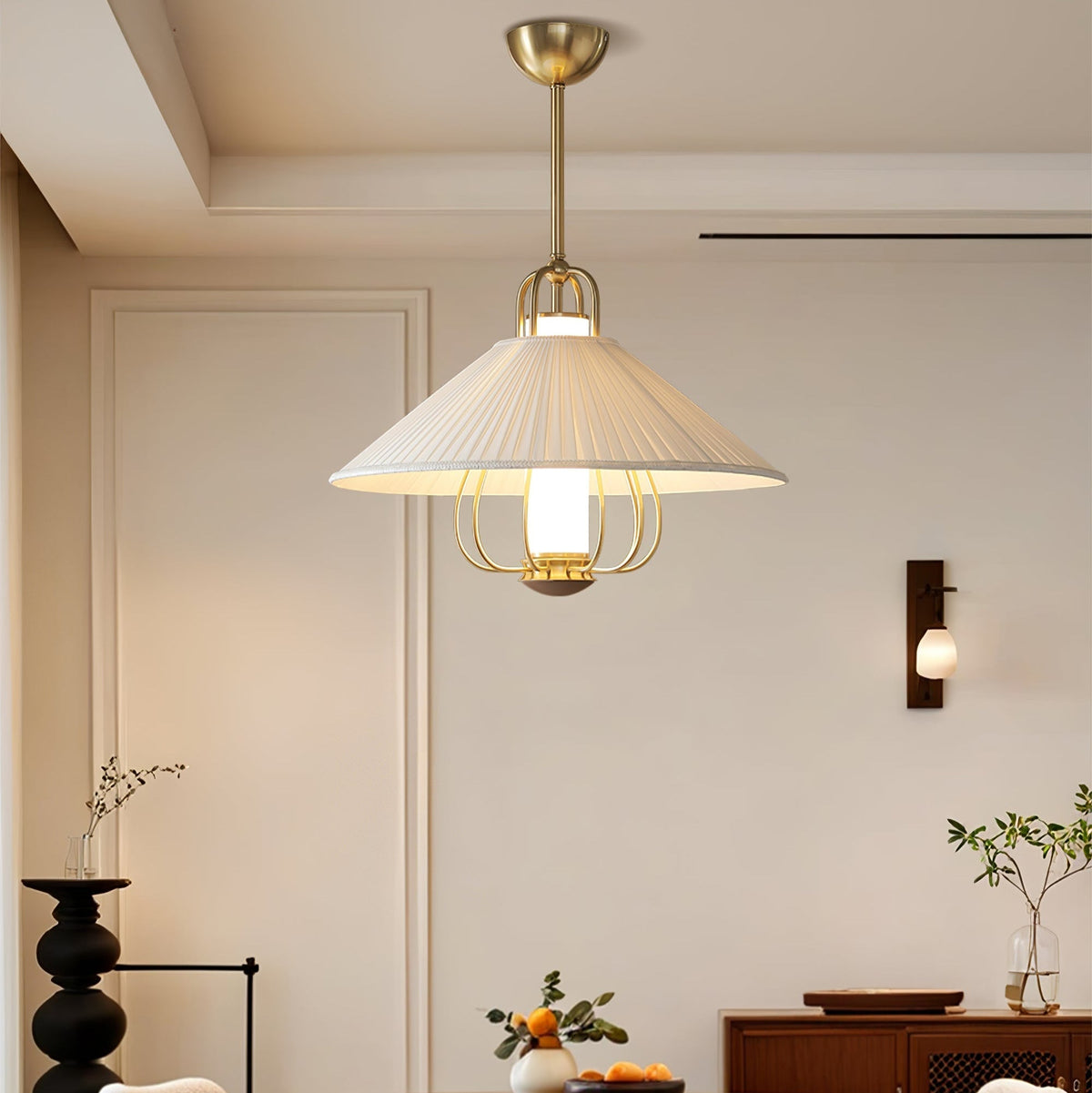 Solisiella Pendelleuchte Stoff Gold LED Essbereich