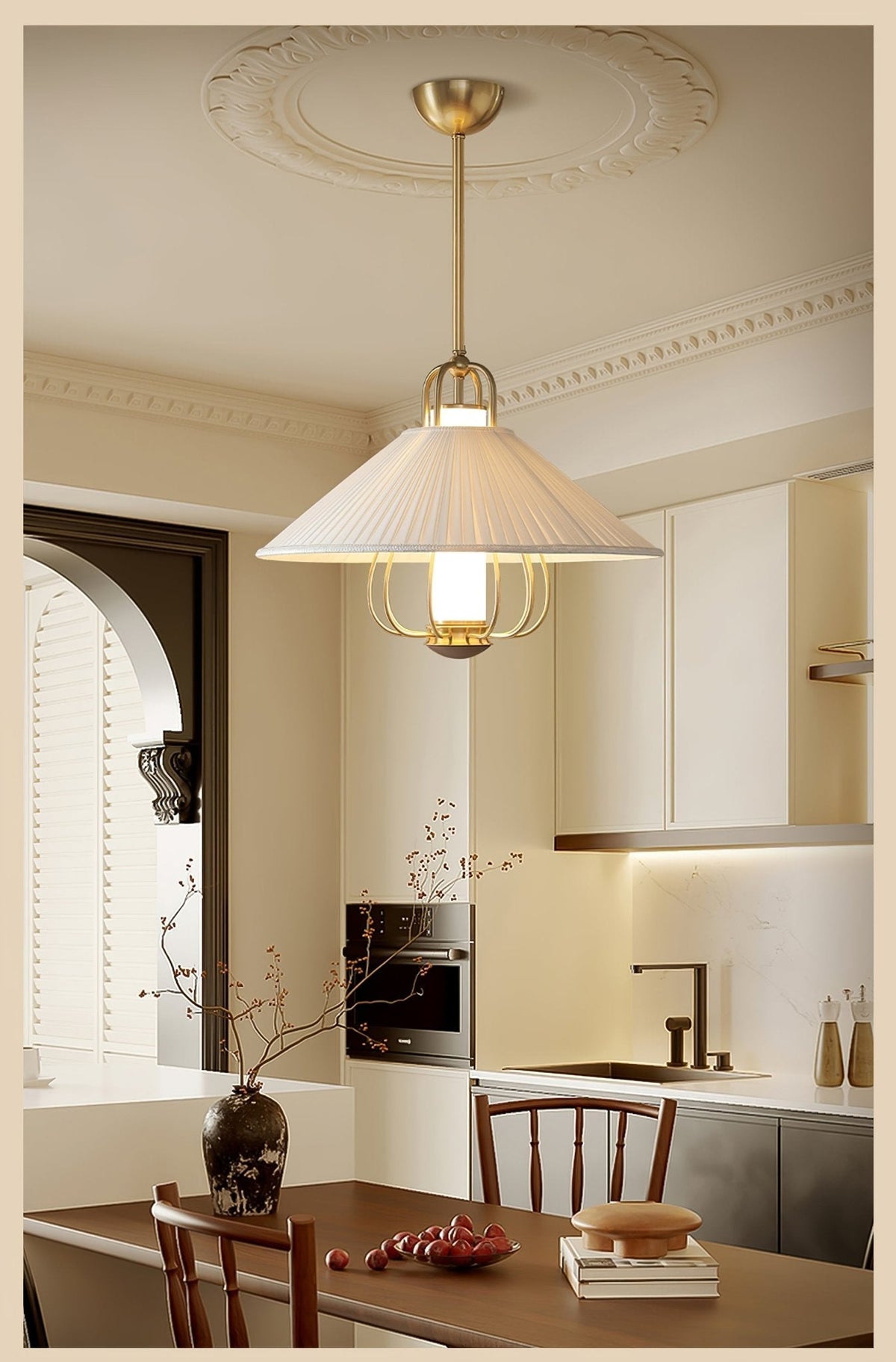 Solisiella Pendelleuchte Stoff Gold LED Essbereich