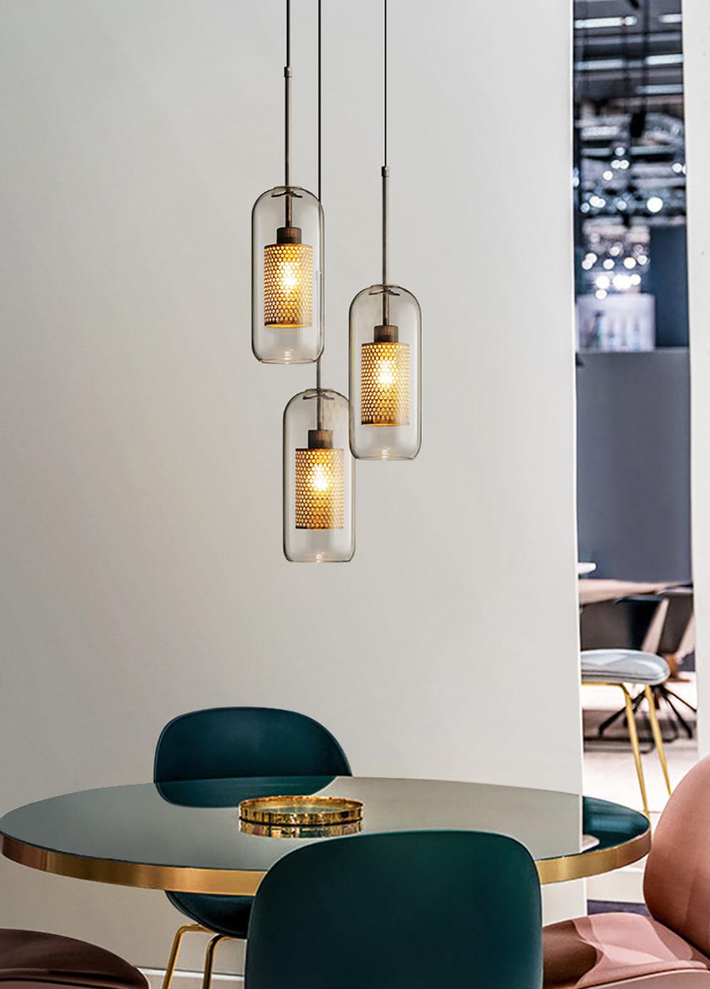 Eiruiella Pendelleuchte aus Glas mit Goldmaschenwerk für Esszimmer