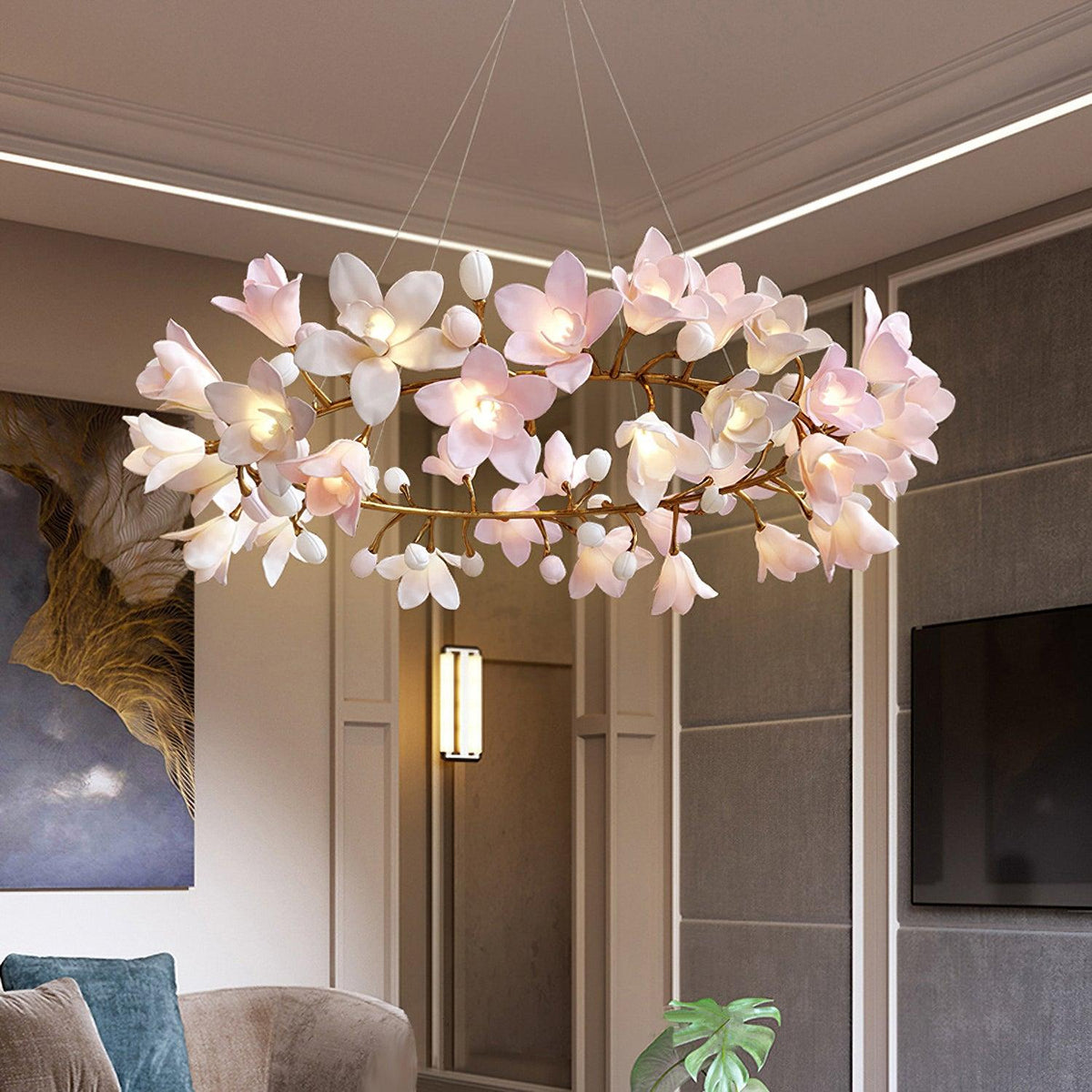 Elemu Kronleuchter Messing Keramik Blüte