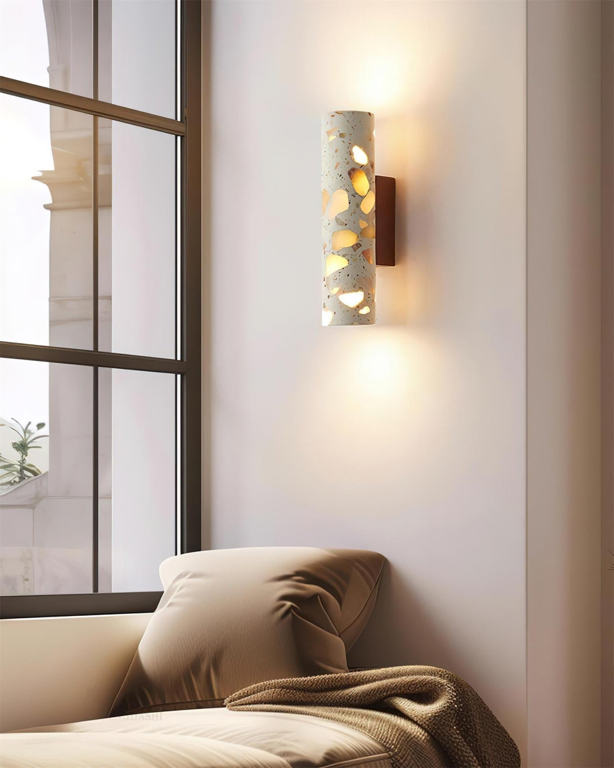 Calinaria Wandleuchte Beige Terrazzo-Stein-Zylinder minimalistisch fürs Schlafzimmer | Cielum