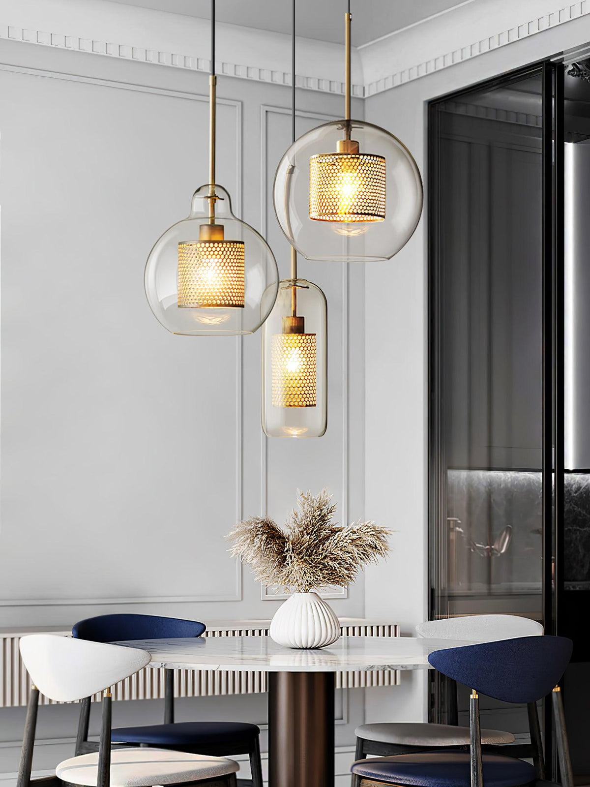 Eiruiella Pendelleuchte aus Glas mit Goldmaschenwerk für Esszimmer