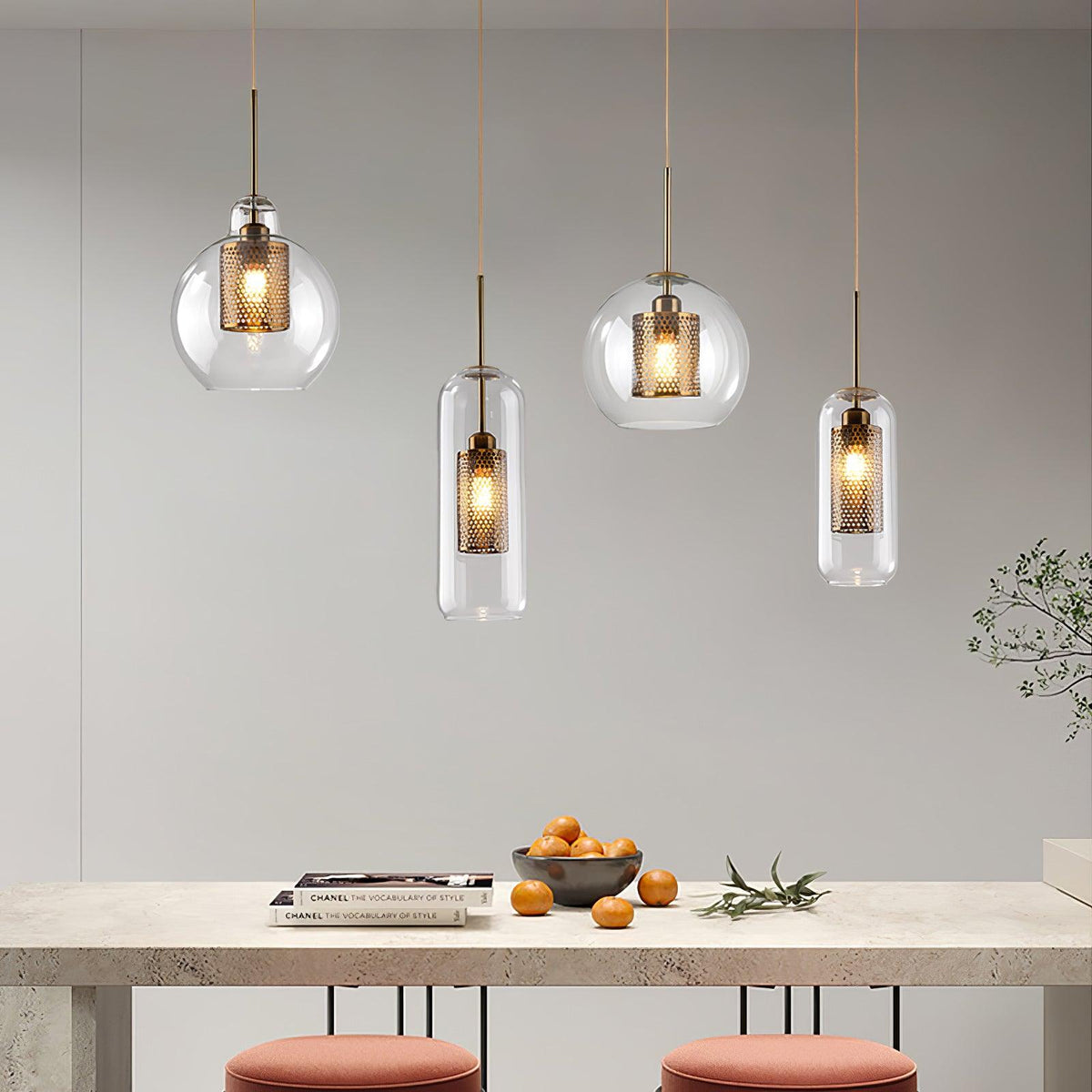 Eiruiella Pendelleuchte aus Glas mit Goldmaschenwerk für Esszimmer