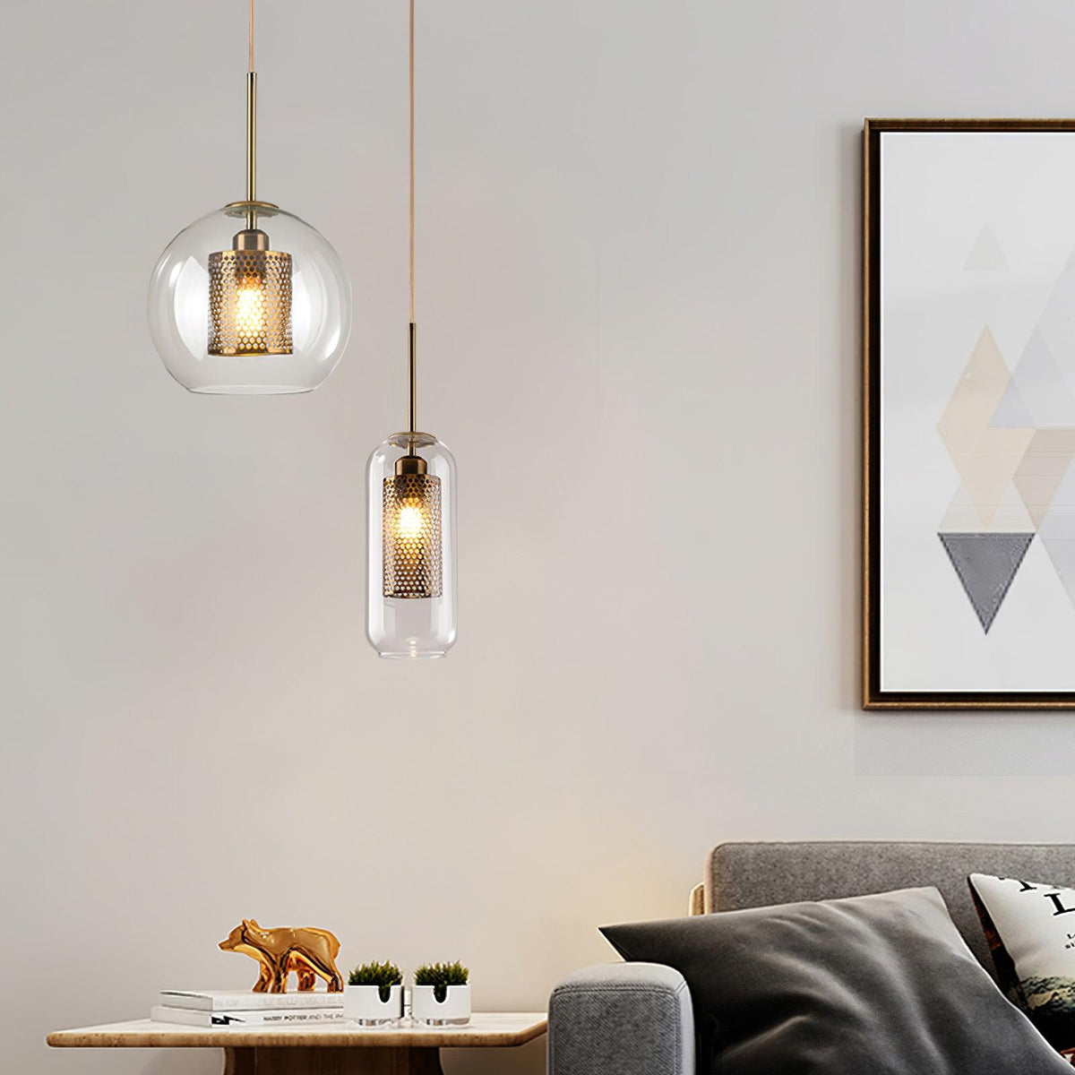 Eiruiella Pendelleuchte aus Glas mit Goldmaschenwerk für Esszimmer