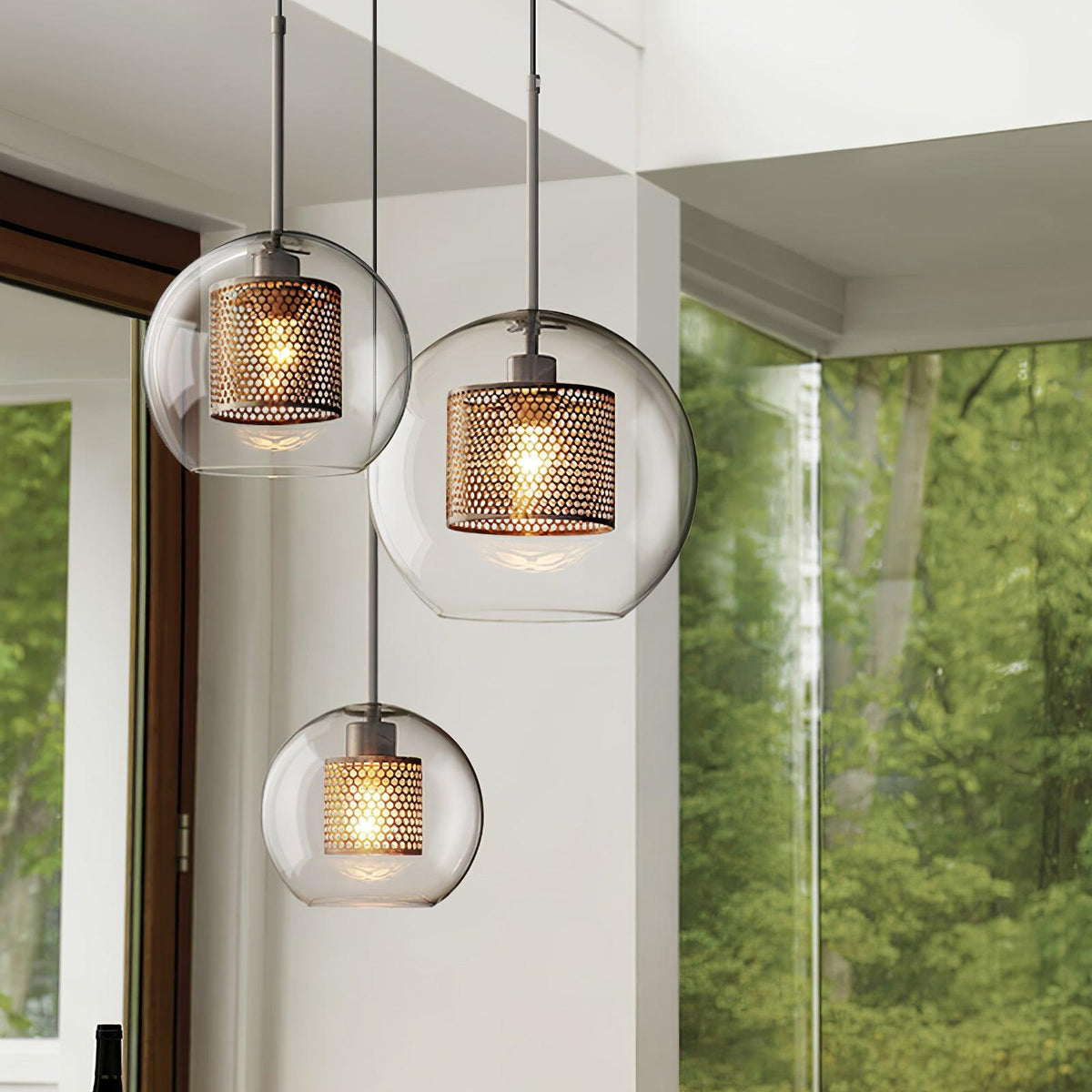 Eiruiella Pendelleuchte aus Glas mit Goldmaschenwerk für Esszimmer