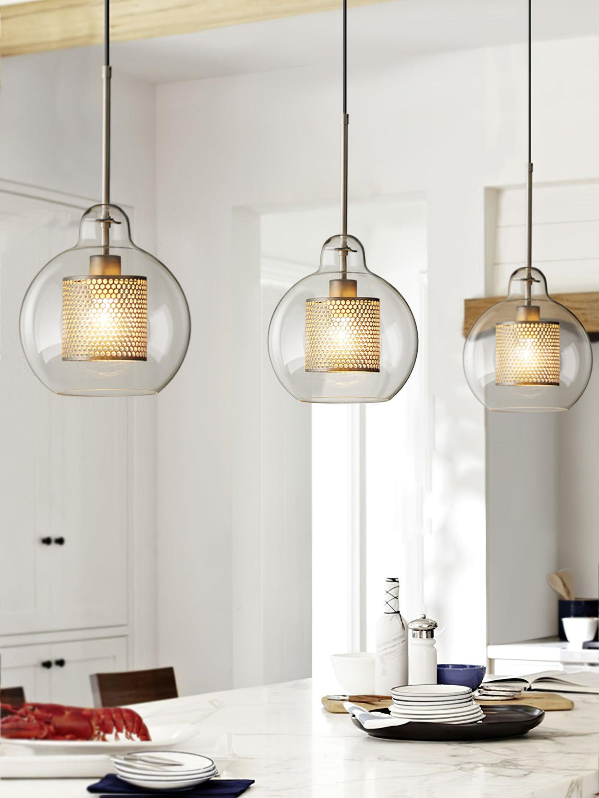 Eiruiella Pendelleuchte aus Glas mit Goldmaschenwerk für Esszimmer