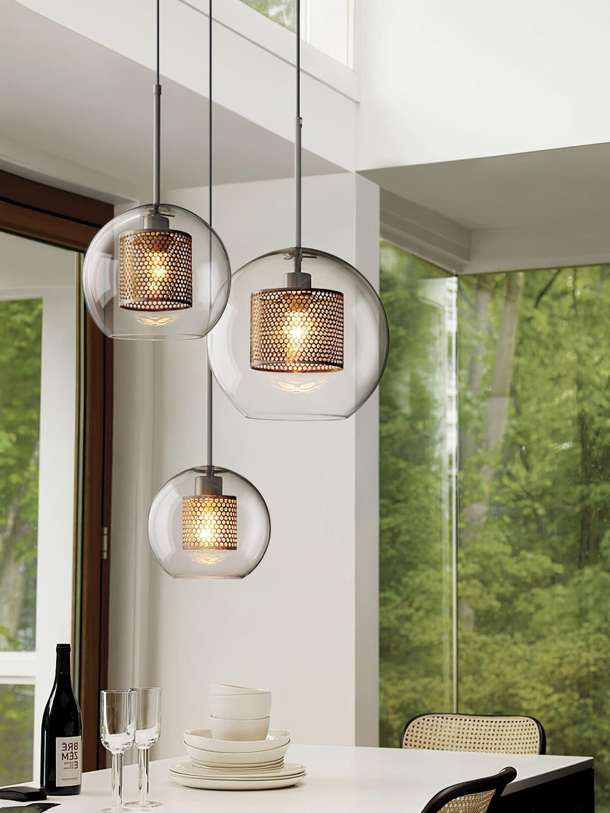 Eiruiella Pendelleuchte aus Glas mit Goldmaschenwerk für Esszimmer