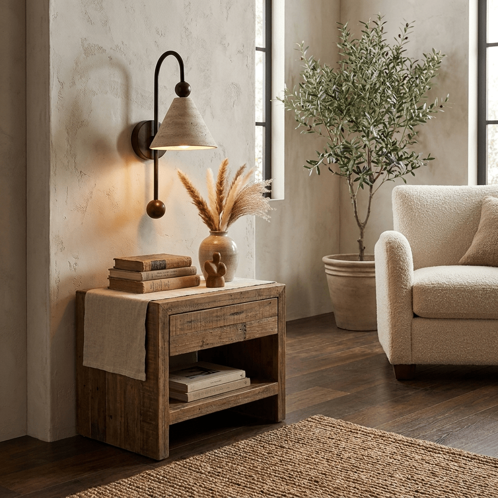 Cone Travertine Bogen-Wandleuchte aus Walnuss