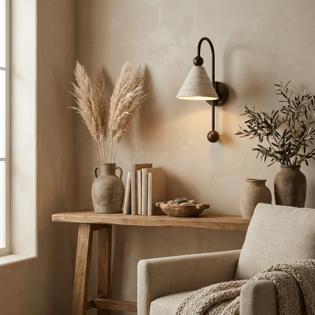 Cone Travertine Bogen-Wandleuchte aus Walnuss