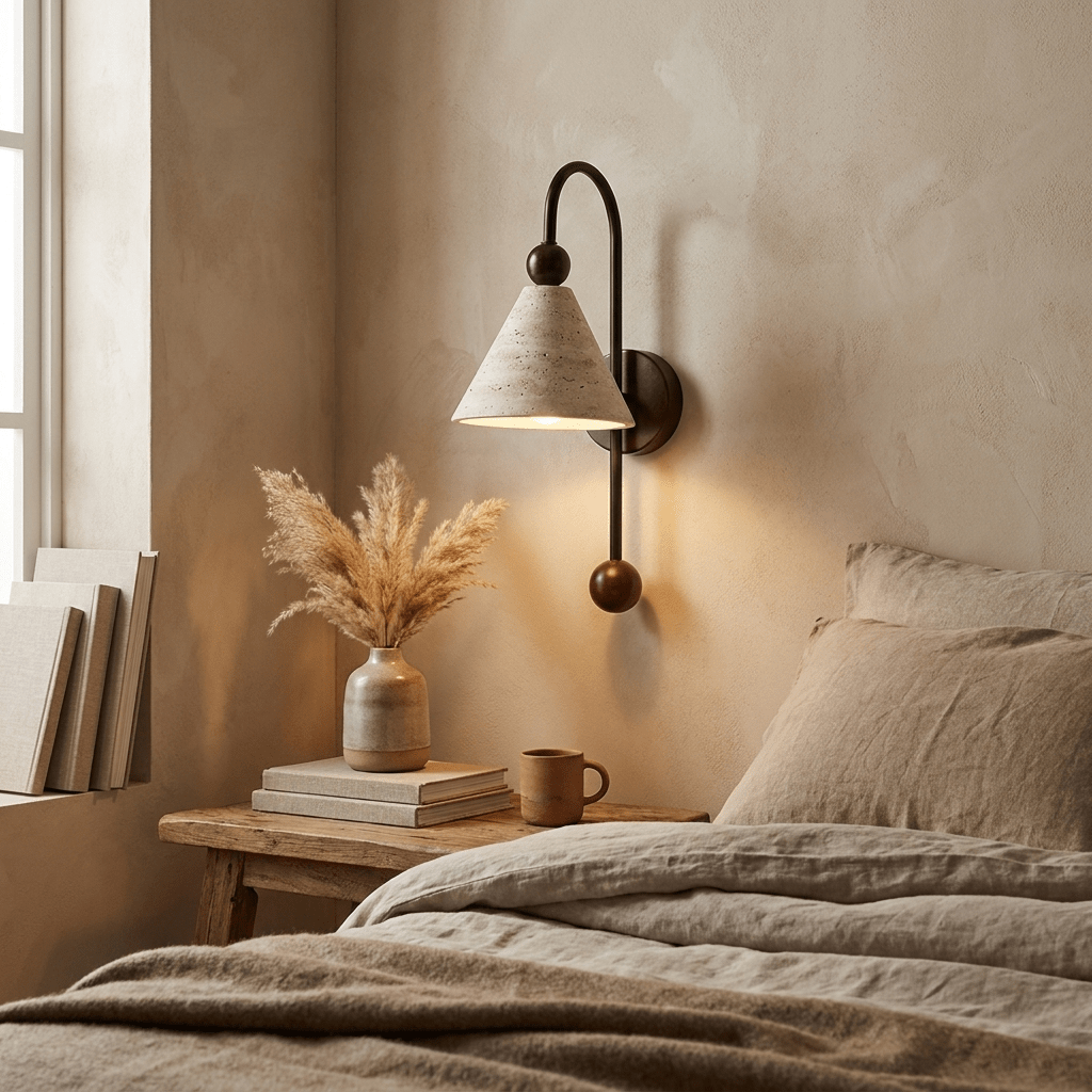 Cone Travertine Bogen-Wandleuchte aus Walnuss