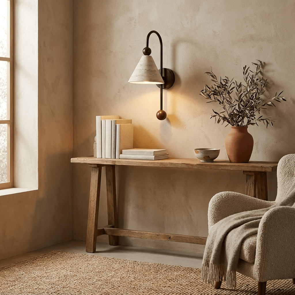 Cone Travertine Bogen-Wandleuchte aus Walnuss