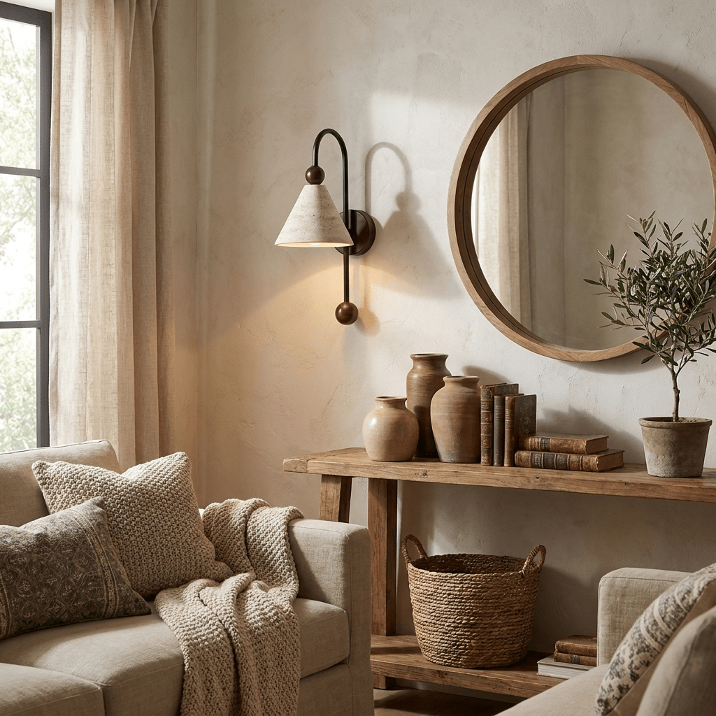 Cone Travertine Bogen-Wandleuchte aus Walnuss