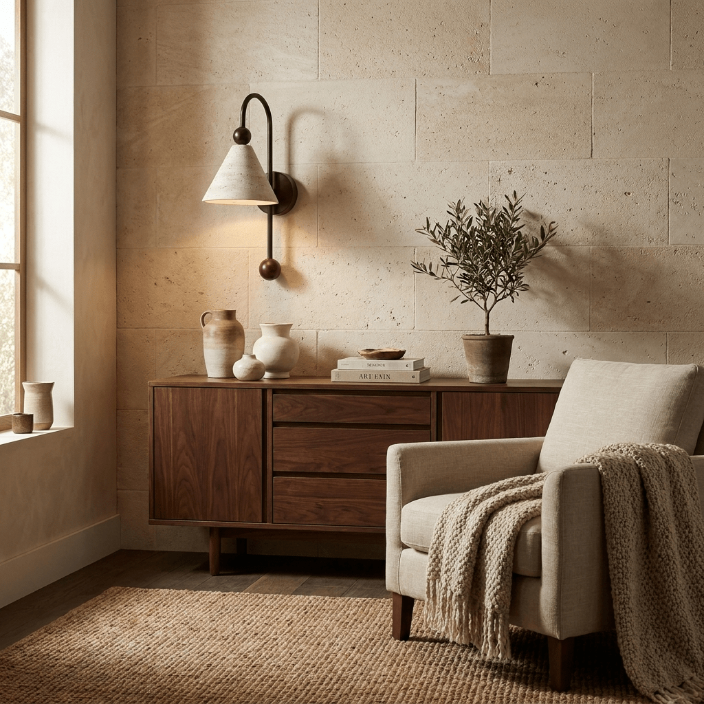 Cone Travertine Bogen-Wandleuchte aus Walnuss