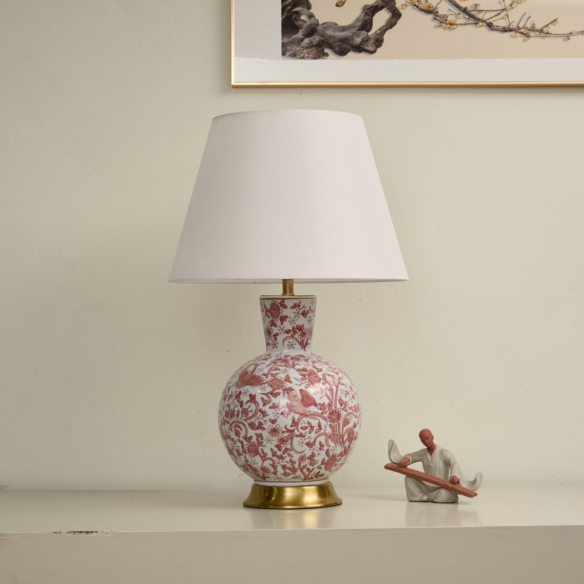 Coral Tischleuchte mit floraler Vogel-Motiv-Keramik