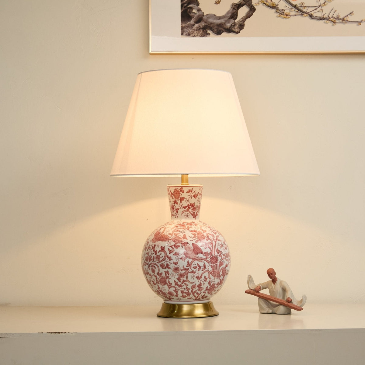 Coral Tischleuchte mit floraler Vogel-Motiv-Keramik