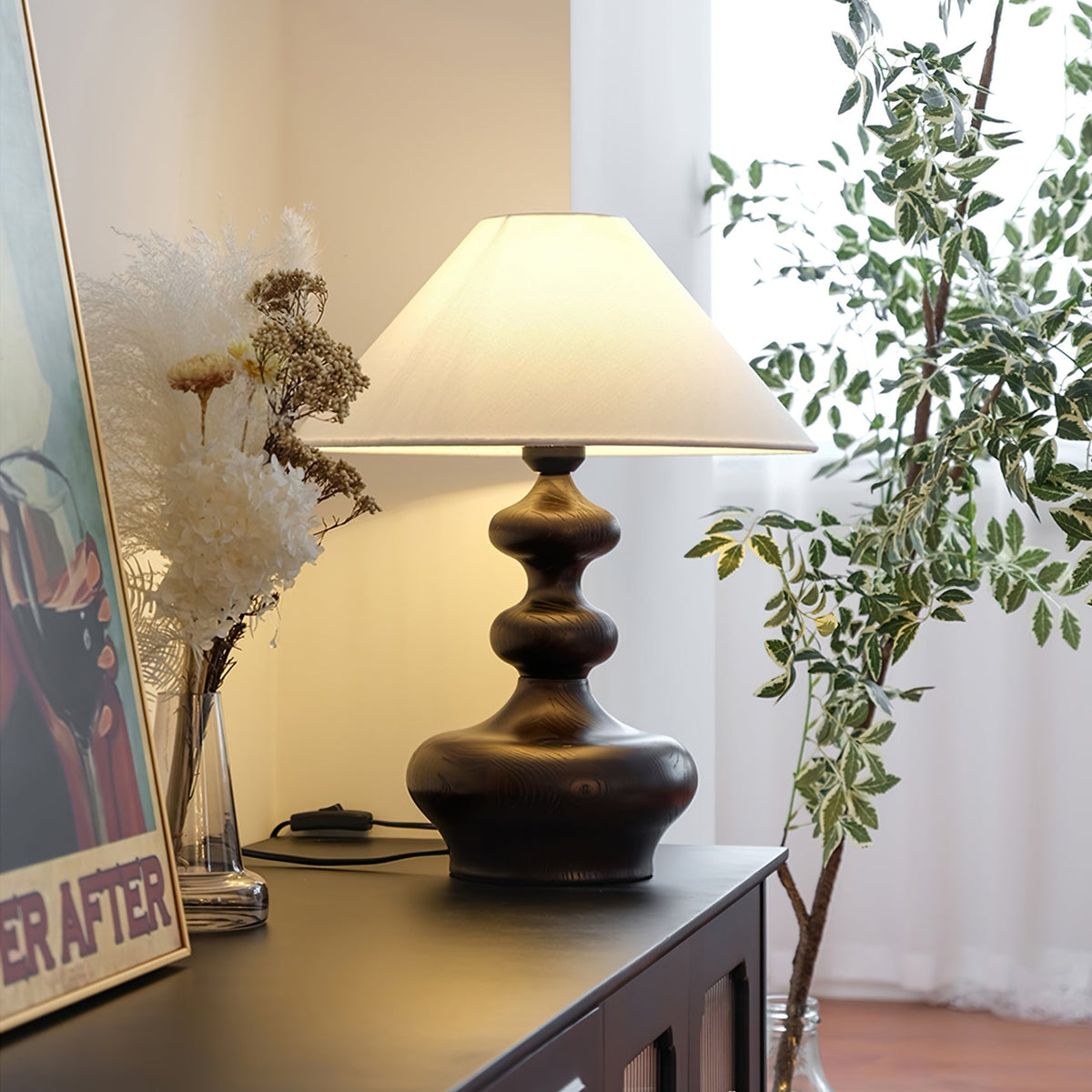 Vominex Tischleuchte aus Holz und Stoff im Vintage-Stil