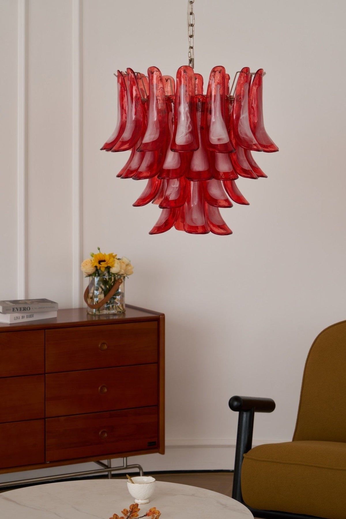 Celoelle Kronleuchter Karmesin Murano-Glasblüten geschichtet Vintage