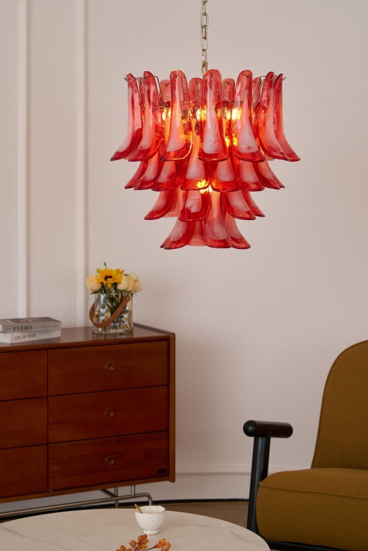 Celoelle Kronleuchter Karmesin Murano-Glasblüten geschichtet Vintage
