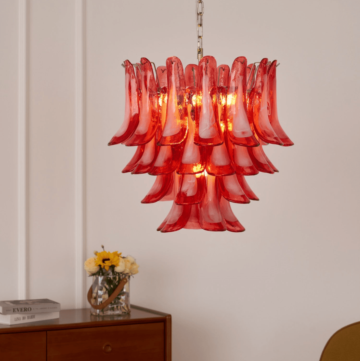Celoelle Kronleuchter Karmesin Murano-Glasblüten geschichtet Vintage
