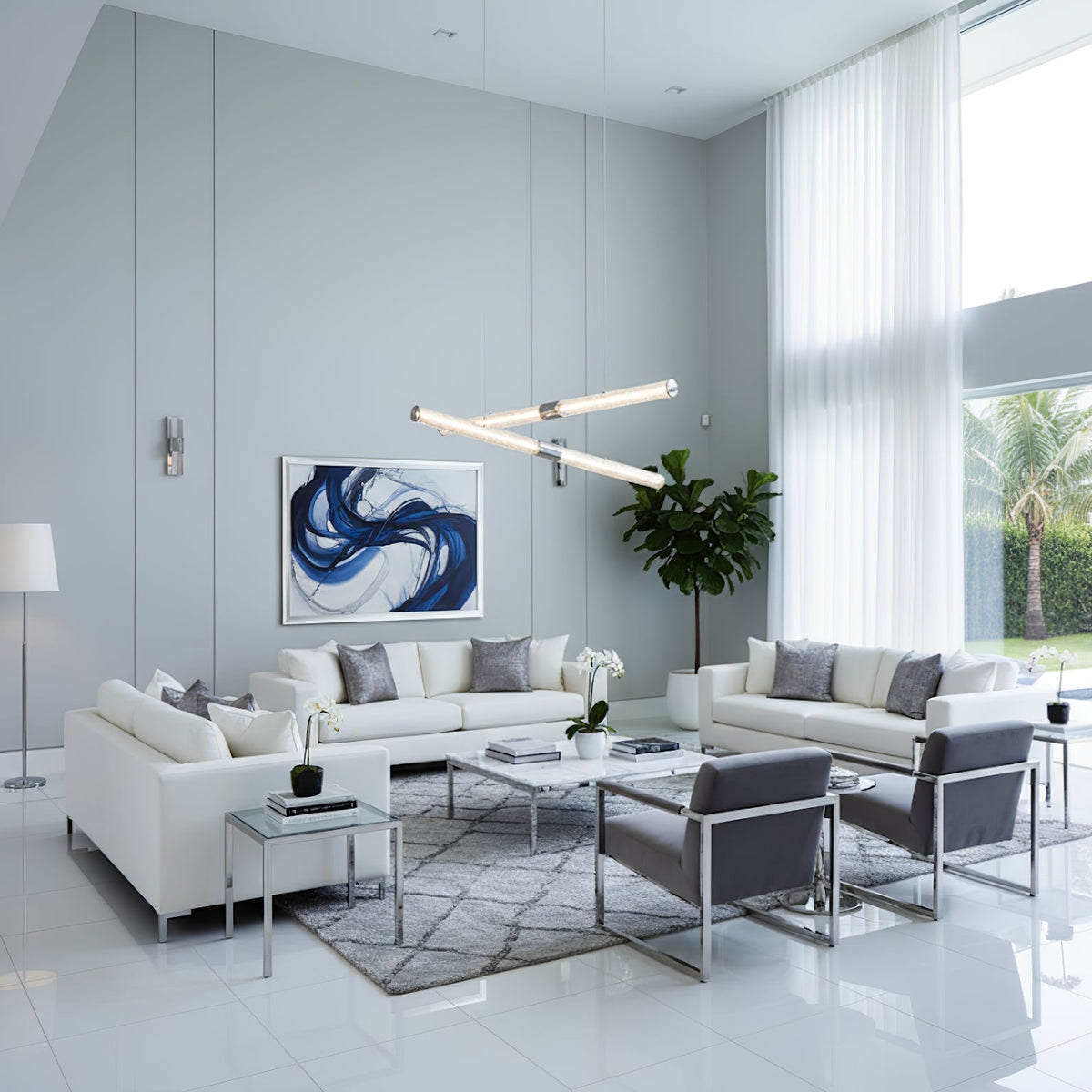 Luxelielle Linear Pendelleuchte aus Kristall in Röhrenform mit zwei gekreuzten Schirmen | Cielum