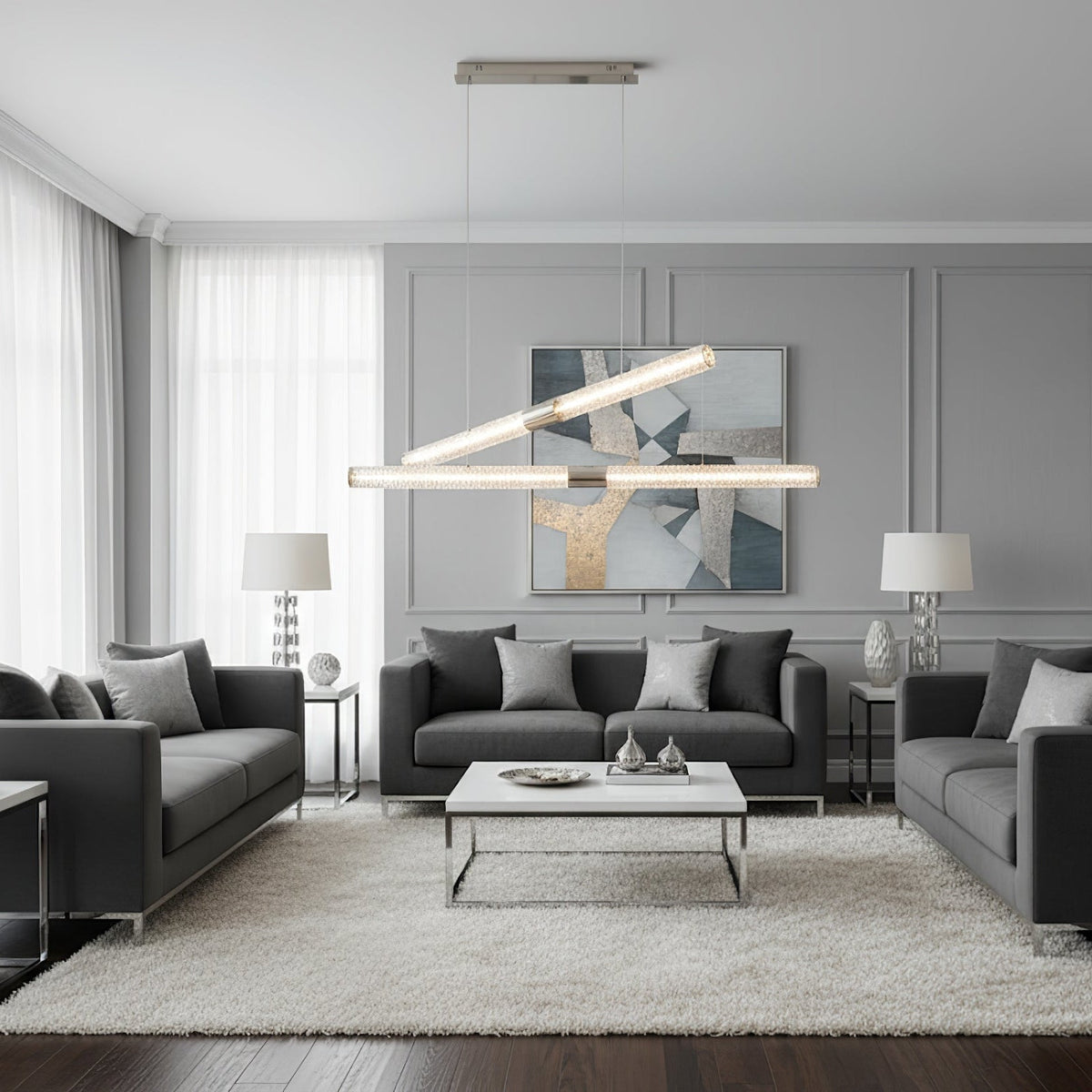 Luxelielle Linear Pendelleuchte aus Kristall in Röhrenform mit zwei gekreuzten Schirmen | Cielum