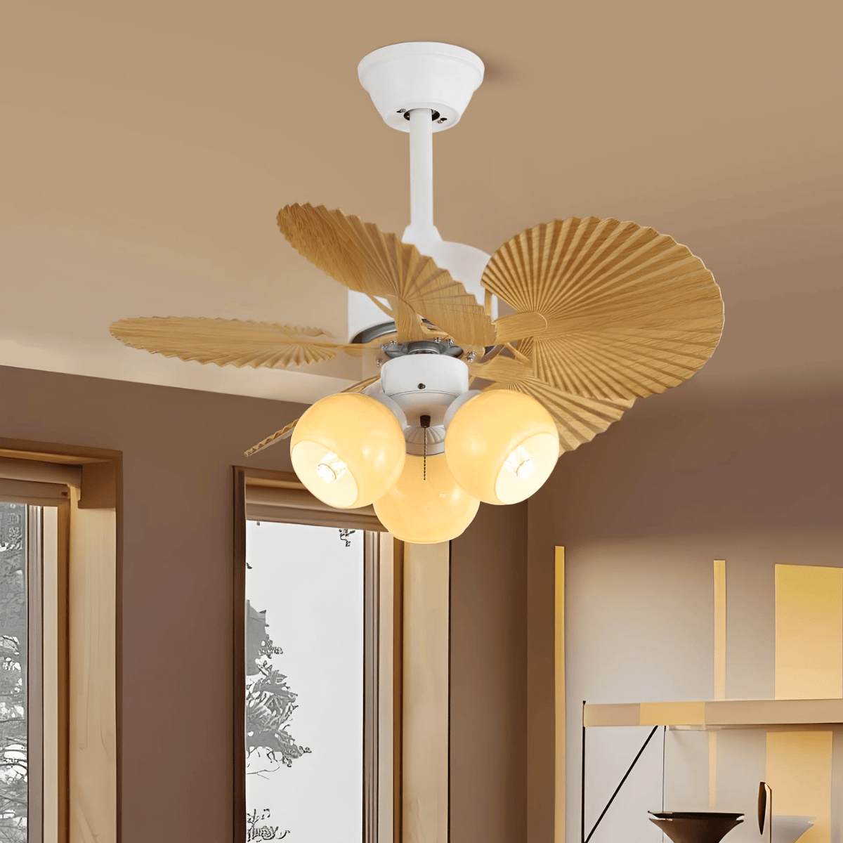 Elvoelle Vintage Holz-Glas-Deckenventilator mit Beleuchtung