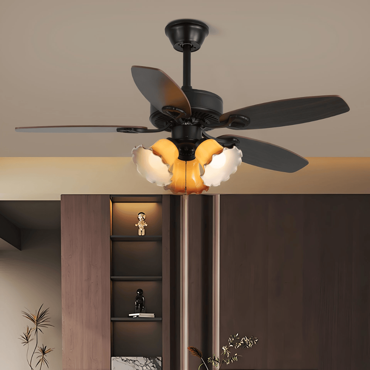 Calviera Vintage Holz-Glas-Deckenventilator mit Beleuchtung