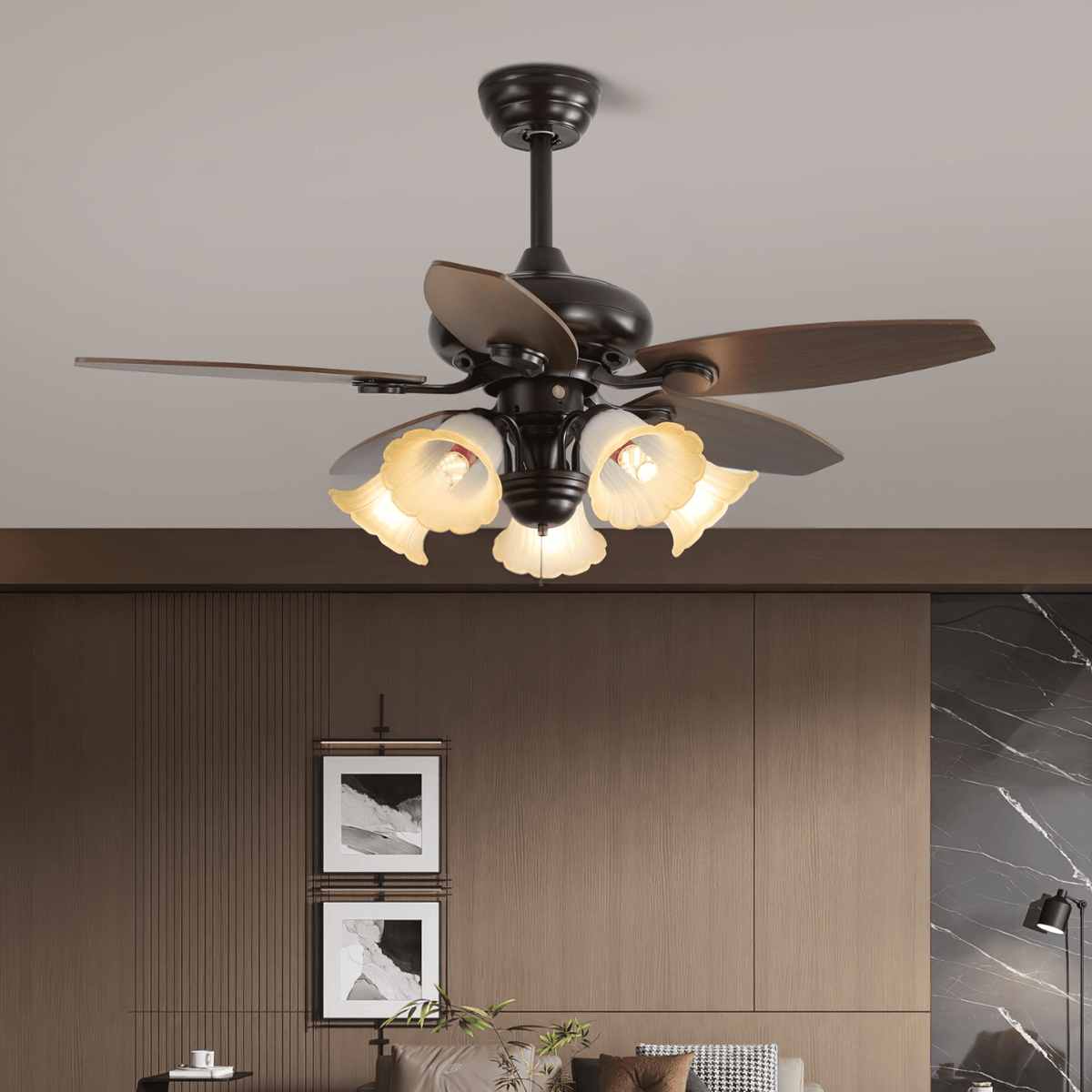 Elviveon Vintage Holz-Glas-Deckenventilator mit Beleuchtung