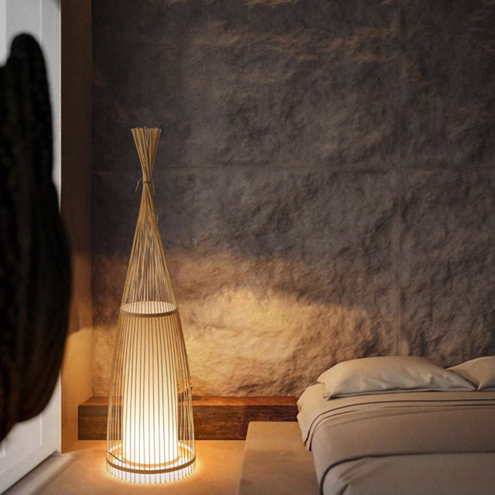 Muto Design LED Stehlampe Rattan Textil Wohnzimmer Schlafzimmer Esszimmer