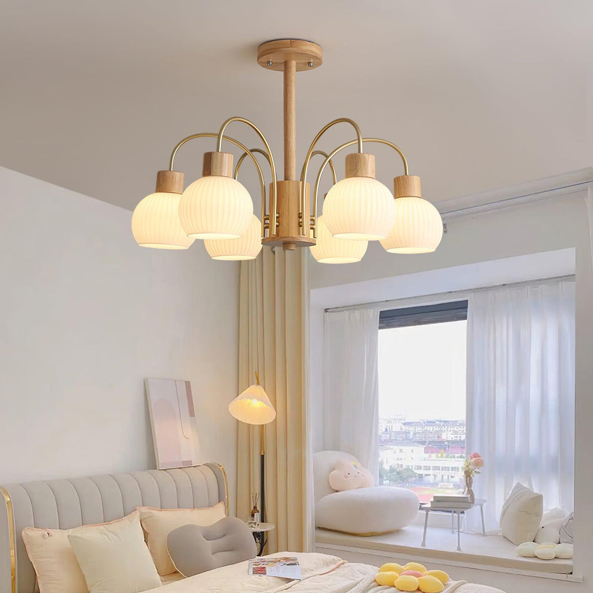 Sylorine Kronleuchter aus Holz 6 Lichtquellen Elegantes Glas
